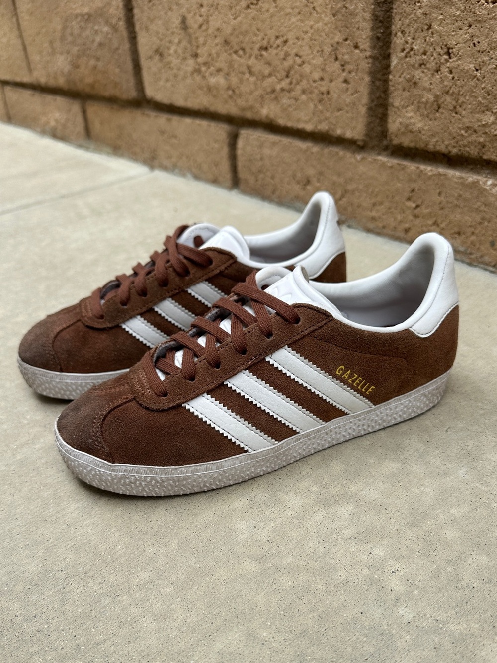 Kids Adidas Gazelle Brown Suede Sneakers with White Stripes